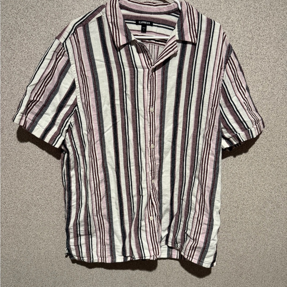 Express Men's Casual Pink and Black Striped‎ Shirt